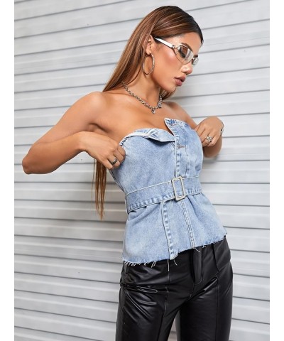 Women's Strapless Jean Top Button Front Belted Raw Hem Sexy Y2k Denim Tube Top Blue $15.98 Shorts