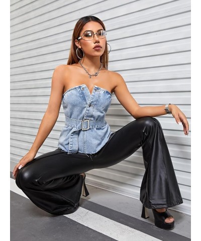 Women's Strapless Jean Top Button Front Belted Raw Hem Sexy Y2k Denim Tube Top Blue $15.98 Shorts