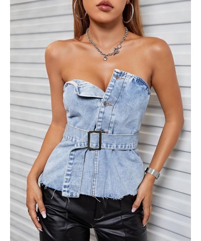 Women's Strapless Jean Top Button Front Belted Raw Hem Sexy Y2k Denim Tube Top Blue $15.98 Shorts