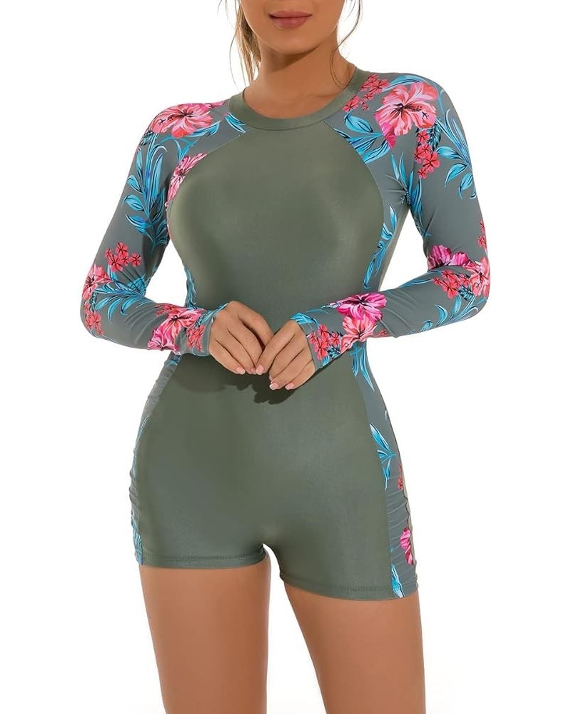 Womens Rash Guard Long Sleeve Swimsuit Zipper One Piece Bathing Suit with Boyshort Bottom UPF 50+ Surfing Swimwear Olive Gree...