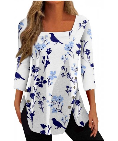 3/4 Length Sleeve Womens Tops Summer Trendy Square Neck Plus Size Oversized Graphic Sexy Cute Dressy Casual Blouses 07-royal ...