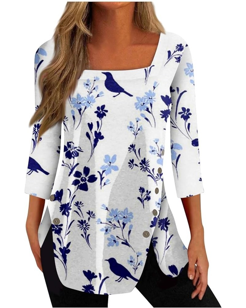 3/4 Length Sleeve Womens Tops Summer Trendy Square Neck Plus Size Oversized Graphic Sexy Cute Dressy Casual Blouses 07-royal ...