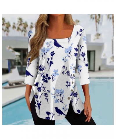 3/4 Length Sleeve Womens Tops Summer Trendy Square Neck Plus Size Oversized Graphic Sexy Cute Dressy Casual Blouses 07-royal ...