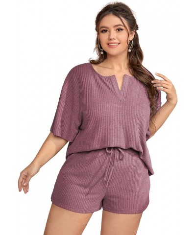 Women's Plus Size Waffle Knit Short Sleeve Top and Shorts Pajama Set Sleepwear Plain Dusty Pink $17.22 Sleep & Lounge