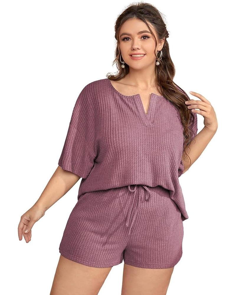 Women's Plus Size Waffle Knit Short Sleeve Top and Shorts Pajama Set Sleepwear Plain Dusty Pink $17.22 Sleep & Lounge