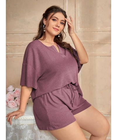 Women's Plus Size Waffle Knit Short Sleeve Top and Shorts Pajama Set Sleepwear Plain Dusty Pink $17.22 Sleep & Lounge