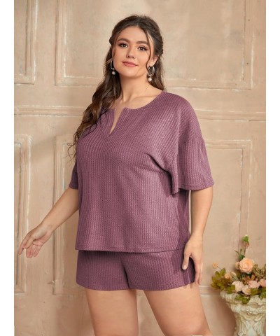 Women's Plus Size Waffle Knit Short Sleeve Top and Shorts Pajama Set Sleepwear Plain Dusty Pink $17.22 Sleep & Lounge