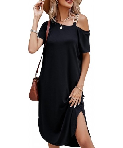 Women's Cold Shoulder Chain Detail Short Sleeve Split Hem Tunic Midi Dress Black $8.99 Dresses