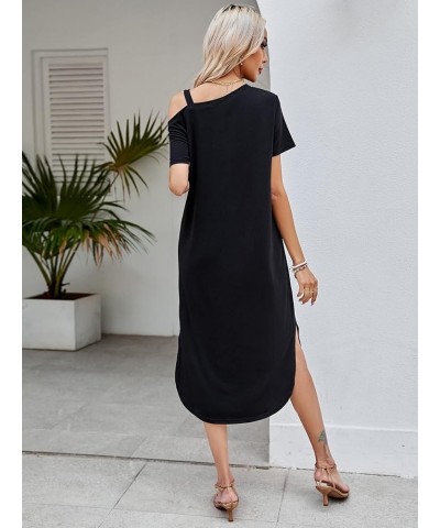 Women's Cold Shoulder Chain Detail Short Sleeve Split Hem Tunic Midi Dress Black $8.99 Dresses