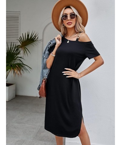 Women's Cold Shoulder Chain Detail Short Sleeve Split Hem Tunic Midi Dress Black $8.99 Dresses