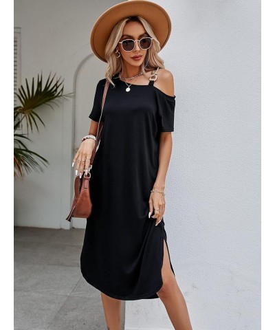 Women's Cold Shoulder Chain Detail Short Sleeve Split Hem Tunic Midi Dress Black $8.99 Dresses