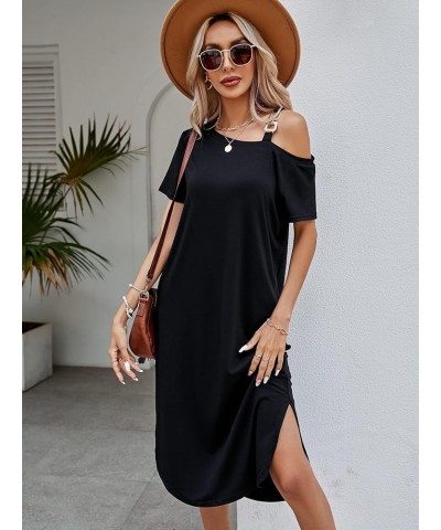 Women's Cold Shoulder Chain Detail Short Sleeve Split Hem Tunic Midi Dress Black $8.99 Dresses