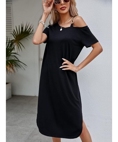 Women's Cold Shoulder Chain Detail Short Sleeve Split Hem Tunic Midi Dress Black $8.99 Dresses