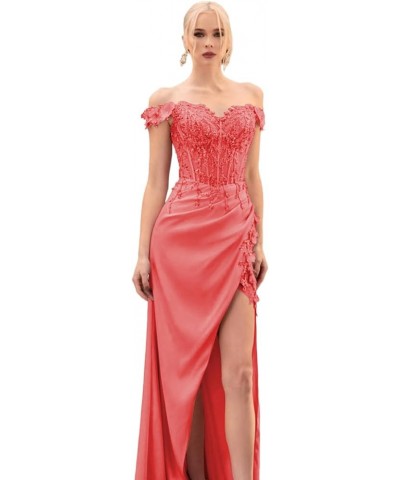 Lace Applique Prom Dresses for Woman Sweetheart Off Shoulder Satin Formal Evening Party Dress with Slit Coral $29.24 Dresses