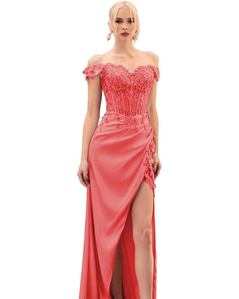 Lace Applique Prom Dresses for Woman Sweetheart Off Shoulder Satin Formal Evening Party Dress with Slit Coral $29.24 Dresses