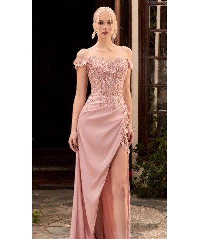 Lace Applique Prom Dresses for Woman Sweetheart Off Shoulder Satin Formal Evening Party Dress with Slit Coral $29.24 Dresses