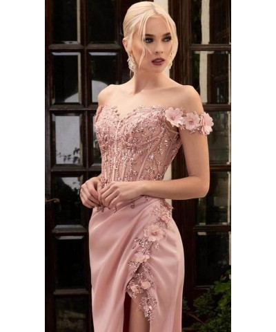 Lace Applique Prom Dresses for Woman Sweetheart Off Shoulder Satin Formal Evening Party Dress with Slit Coral $29.24 Dresses