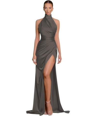 Halter Prom Dress Long Mermaid Satin Bridesmaid Dresses for Wedding Ruched Formal Party Gowns with Slit Steel Grey $28.34 Dre...