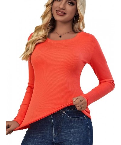 Long Sleeve Shirts for Women Scoop Neck Ribbed Basic Trendy Stretchy Lightweight Tops Orange $12.64 T-Shirts