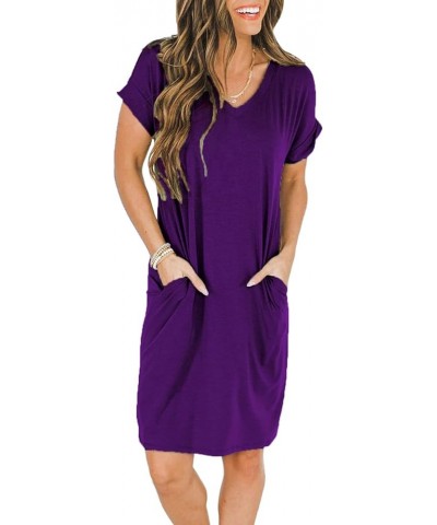 Casual Loose Summer Dresses for Women with Pockets V Neck Swing Flowy Beach Sundress Cuffed Sleeve Comfy 01 Deep Purple $11.9...