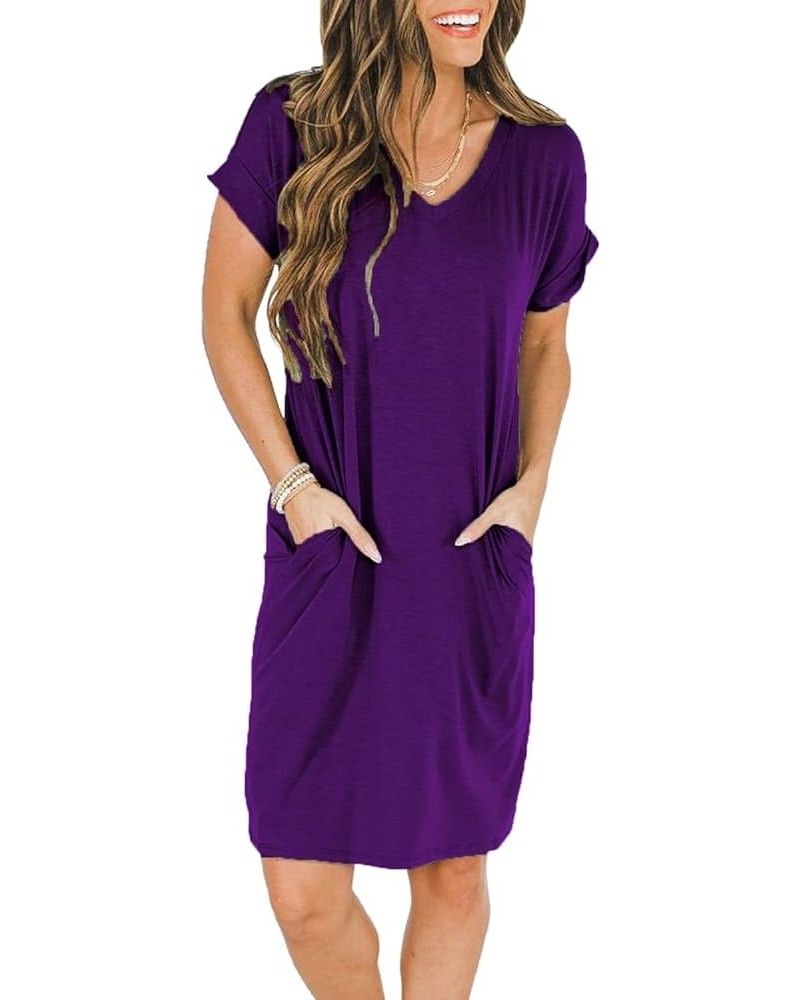 Casual Loose Summer Dresses for Women with Pockets V Neck Swing Flowy Beach Sundress Cuffed Sleeve Comfy 01 Deep Purple $11.9...