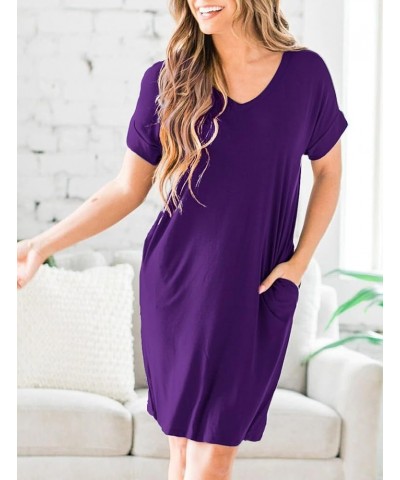 Casual Loose Summer Dresses for Women with Pockets V Neck Swing Flowy Beach Sundress Cuffed Sleeve Comfy 01 Deep Purple $11.9...