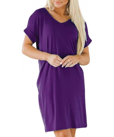 Casual Loose Summer Dresses for Women with Pockets V Neck Swing Flowy Beach Sundress Cuffed Sleeve Comfy 01 Deep Purple $11.9...