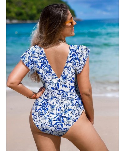 Women's Floral Print Ruffle Sleeve Cut Out One Piece Swimsuit Monokini Blue White $20.24 Swimsuits