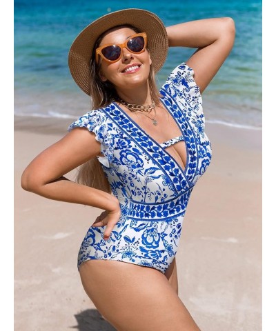 Women's Floral Print Ruffle Sleeve Cut Out One Piece Swimsuit Monokini Blue White $20.24 Swimsuits