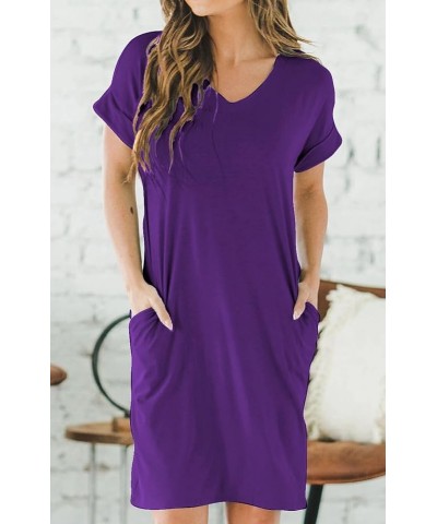 Casual Loose Summer Dresses for Women with Pockets V Neck Swing Flowy Beach Sundress Cuffed Sleeve Comfy 01 Deep Purple $11.9...