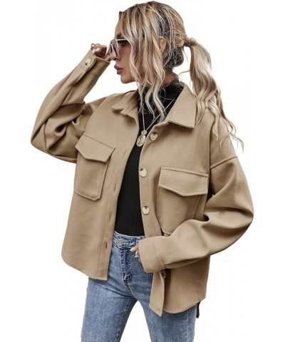 Women's Wool Blend Button Down Long Sleeve Oversized Shacket Jacket Coat Khaki a $10.50 Coats