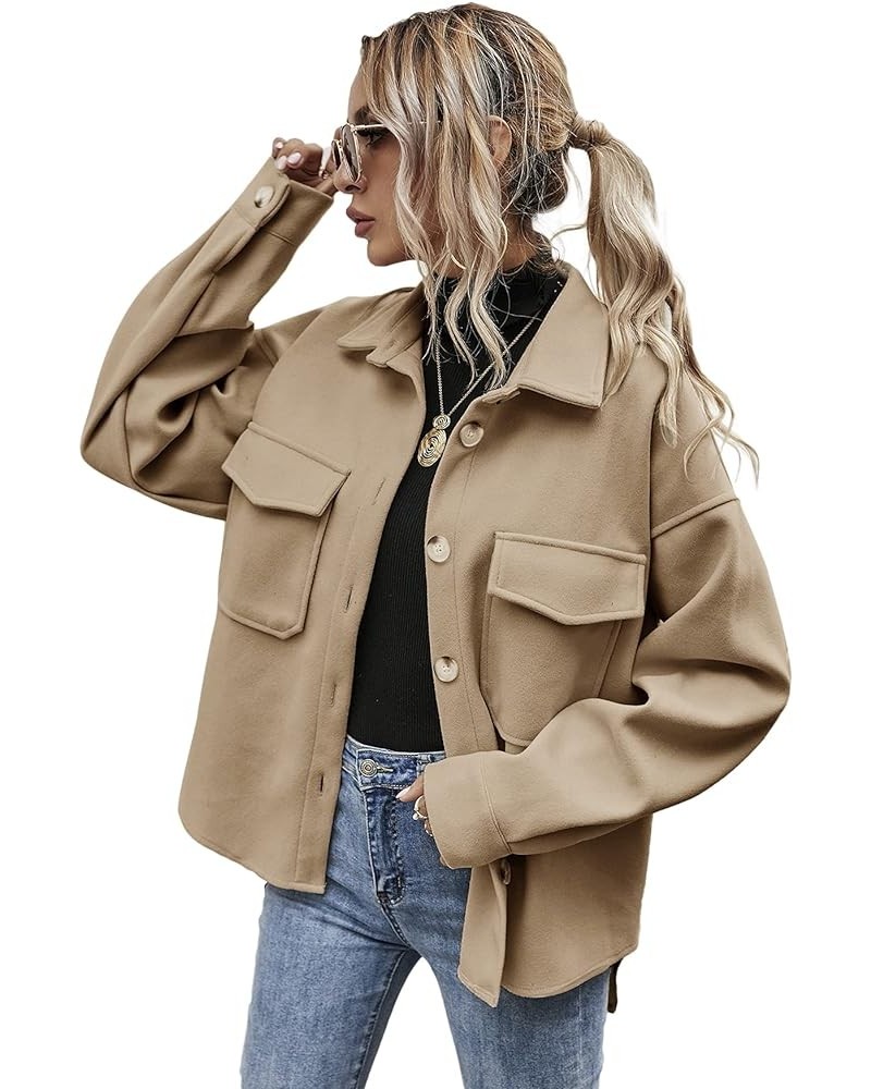 Women's Wool Blend Button Down Long Sleeve Oversized Shacket Jacket Coat Khaki a $10.50 Coats