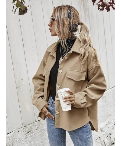 Women's Wool Blend Button Down Long Sleeve Oversized Shacket Jacket Coat Khaki a $10.50 Coats