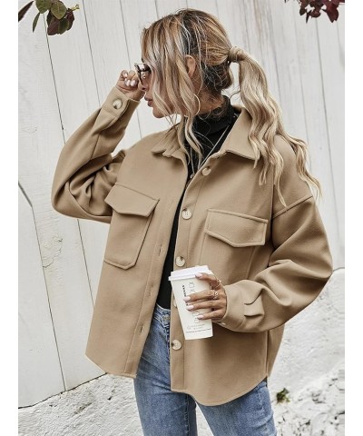 Women's Wool Blend Button Down Long Sleeve Oversized Shacket Jacket Coat Khaki a $10.50 Coats