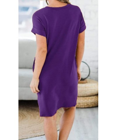 Casual Loose Summer Dresses for Women with Pockets V Neck Swing Flowy Beach Sundress Cuffed Sleeve Comfy 01 Deep Purple $11.9...