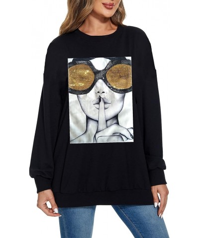 Women's Novelty Oversized Sweatshirt Crewneck Long Sleeve Fringe Trim Shirt Pullover Tops Black+ Gold Glasses $23.59 Hoodies ...