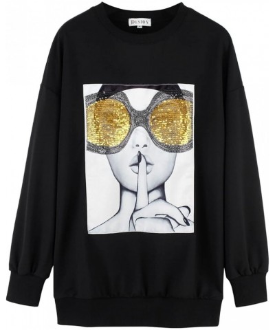 Women's Novelty Oversized Sweatshirt Crewneck Long Sleeve Fringe Trim Shirt Pullover Tops Black+ Gold Glasses $23.59 Hoodies ...