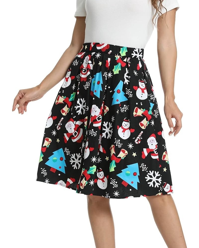 Women's Vintage A-line Printed Pleated Flared Midi Skirt with Pockets Santa Claus $12.69 Skirts