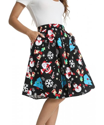 Women's Vintage A-line Printed Pleated Flared Midi Skirt with Pockets Santa Claus $12.69 Skirts