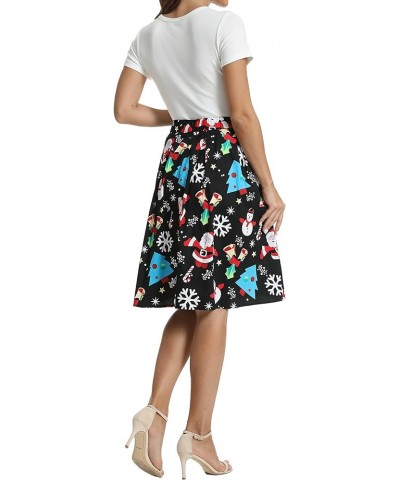 Women's Vintage A-line Printed Pleated Flared Midi Skirt with Pockets Santa Claus $12.69 Skirts