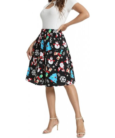 Women's Vintage A-line Printed Pleated Flared Midi Skirt with Pockets Santa Claus $12.69 Skirts