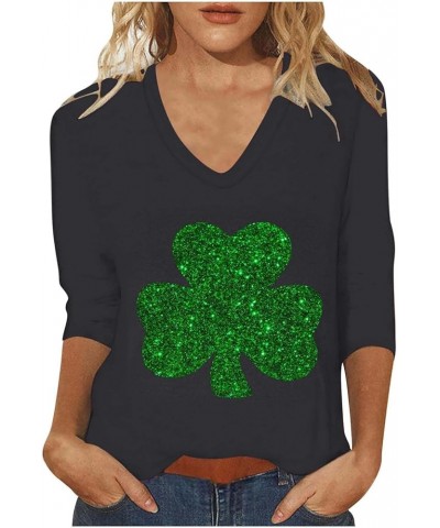 St Patricks Day Shirt for Women Crewneck 3/4 Length Sleeve Tee Tops Plus Size Funny Graphic Loose Casual Blouses 2024 001-bla...