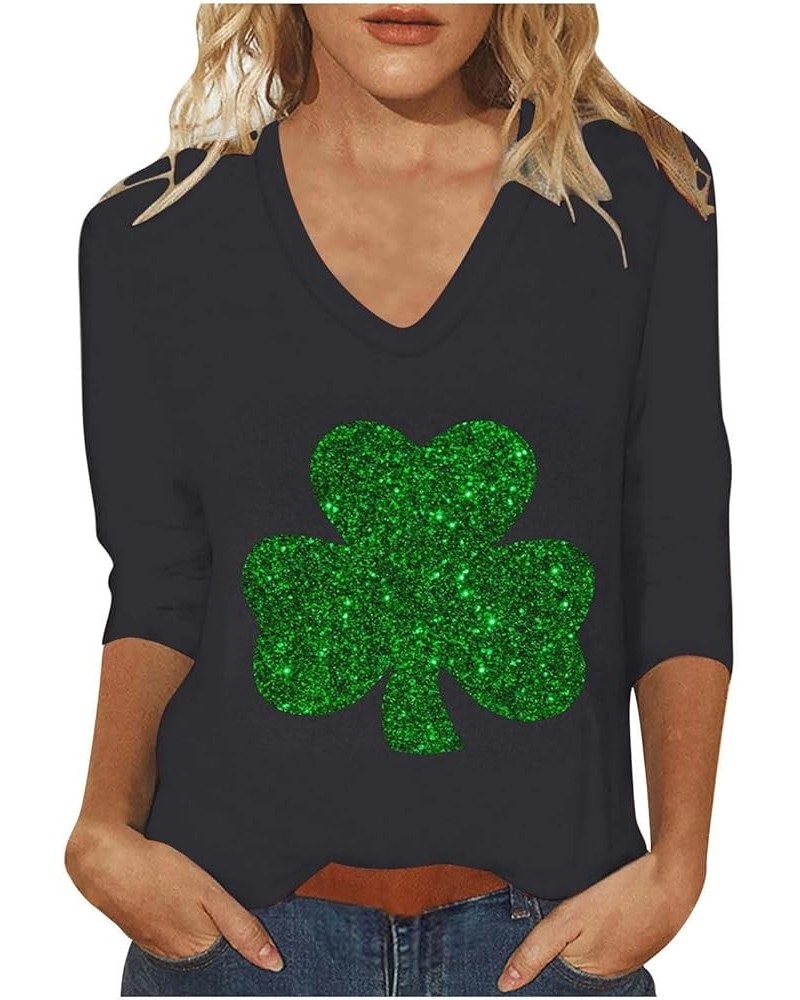 St Patricks Day Shirt for Women Crewneck 3/4 Length Sleeve Tee Tops Plus Size Funny Graphic Loose Casual Blouses 2024 001-bla...