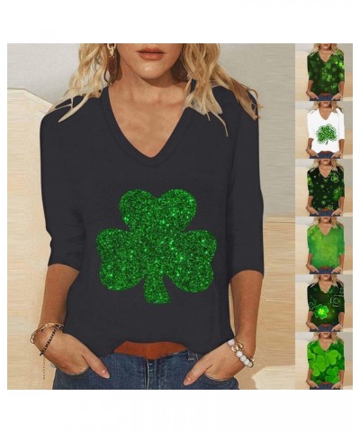 St Patricks Day Shirt for Women Crewneck 3/4 Length Sleeve Tee Tops Plus Size Funny Graphic Loose Casual Blouses 2024 001-bla...