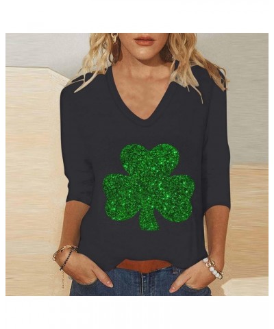 St Patricks Day Shirt for Women Crewneck 3/4 Length Sleeve Tee Tops Plus Size Funny Graphic Loose Casual Blouses 2024 001-bla...