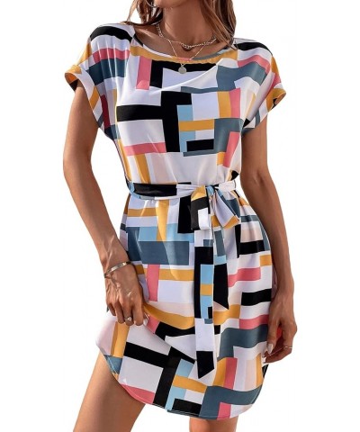 Women's Summer Geo Print Wrap Mini Dress Colorblock Short Sleeve Curved Hem Belted Casual Tunic Dresses Multicolored $11.50 D...