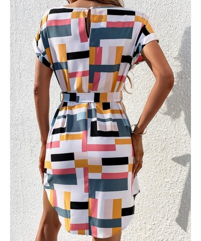 Women's Summer Geo Print Wrap Mini Dress Colorblock Short Sleeve Curved Hem Belted Casual Tunic Dresses Multicolored $11.50 D...