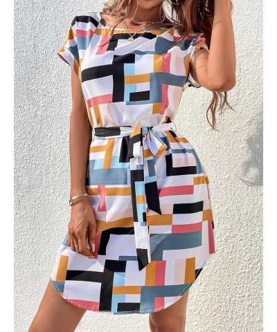 Women's Summer Geo Print Wrap Mini Dress Colorblock Short Sleeve Curved Hem Belted Casual Tunic Dresses Multicolored $11.50 D...