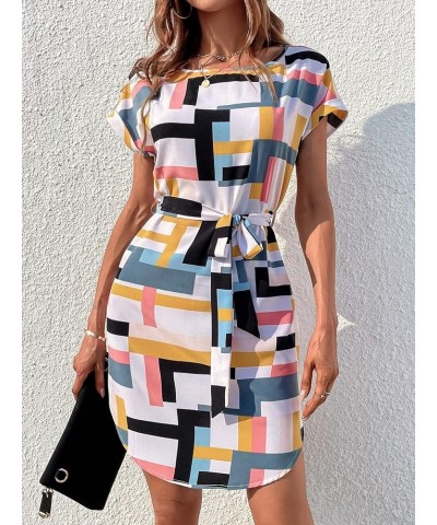 Women's Summer Geo Print Wrap Mini Dress Colorblock Short Sleeve Curved Hem Belted Casual Tunic Dresses Multicolored $11.50 D...