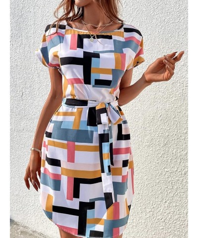 Women's Summer Geo Print Wrap Mini Dress Colorblock Short Sleeve Curved Hem Belted Casual Tunic Dresses Multicolored $11.50 D...